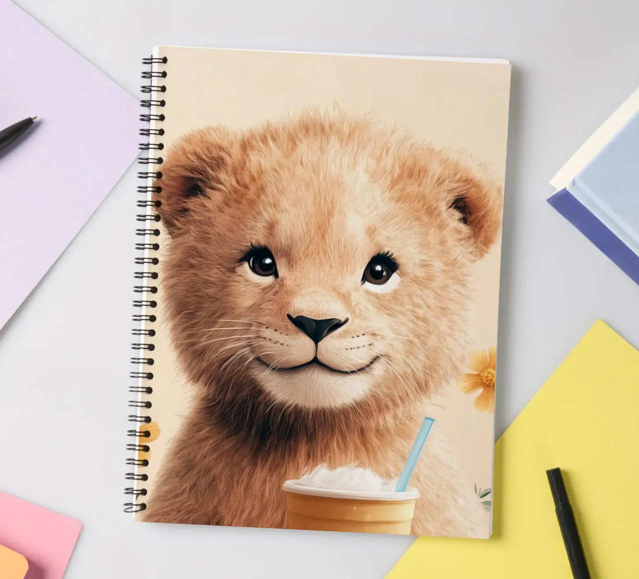 Hero #45: Lioness on a hot summer's day with a cool drink spiral notebook by farbenhelden