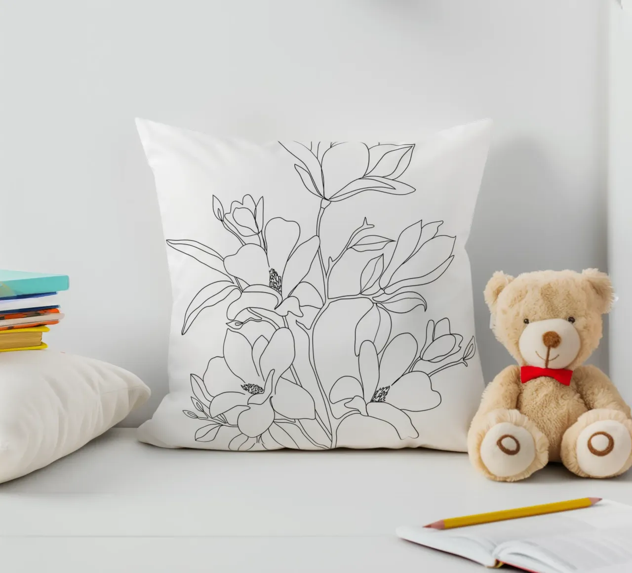 Minimal Line Art Magnolia Flowers cuscino da Nadjaa