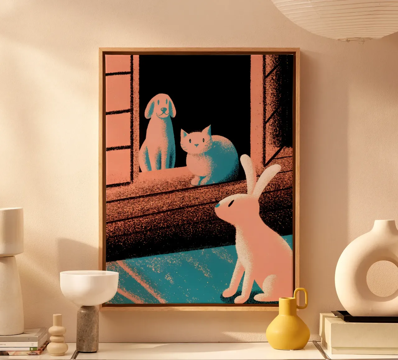 Rabbit Cat and Dog canvas with Floater frame by SOUL SHOP