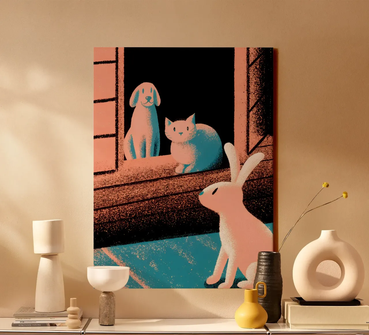 Rabbit Cat and Dog canvas with Floater frame by SOUL SHOP