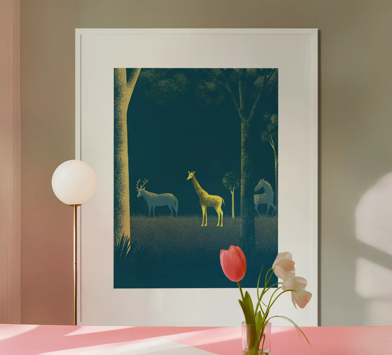 Cervi e giraffe nella foresta poster da SOUL SHOP