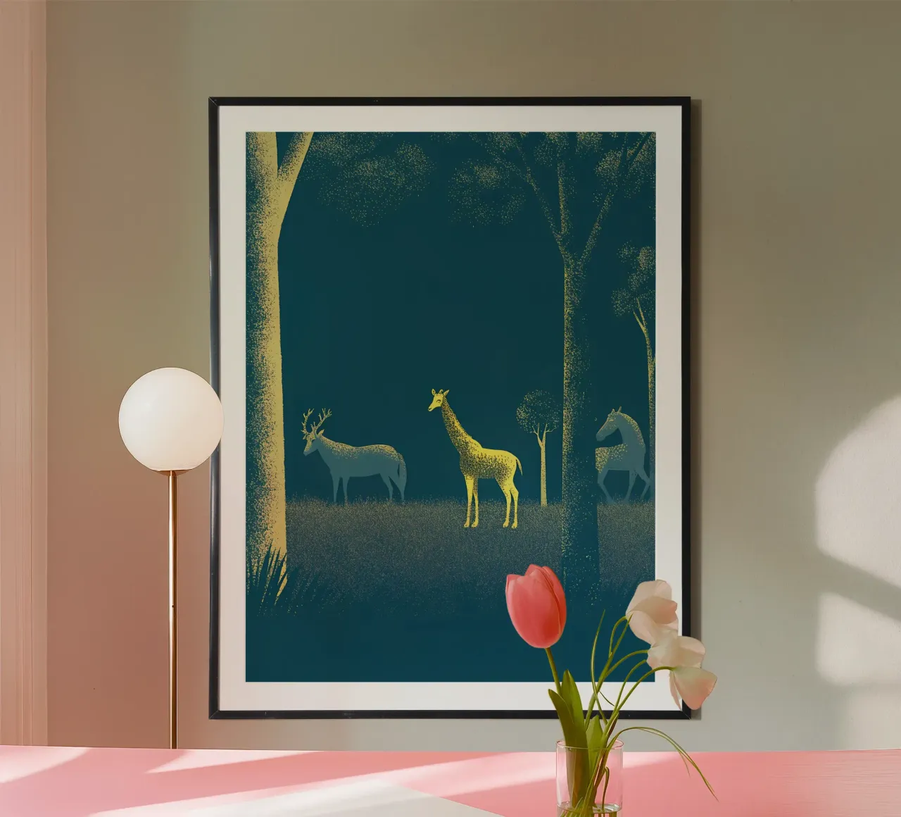 Cervi e giraffe nella foresta poster da SOUL SHOP