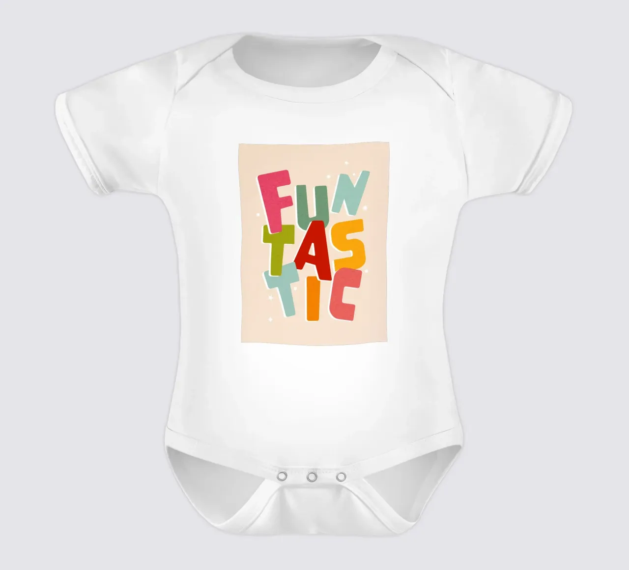 Typographic 'FUNTASTIC' • Playful and fun colourful mood short-sleeve baby romper by Dominique Vari Words