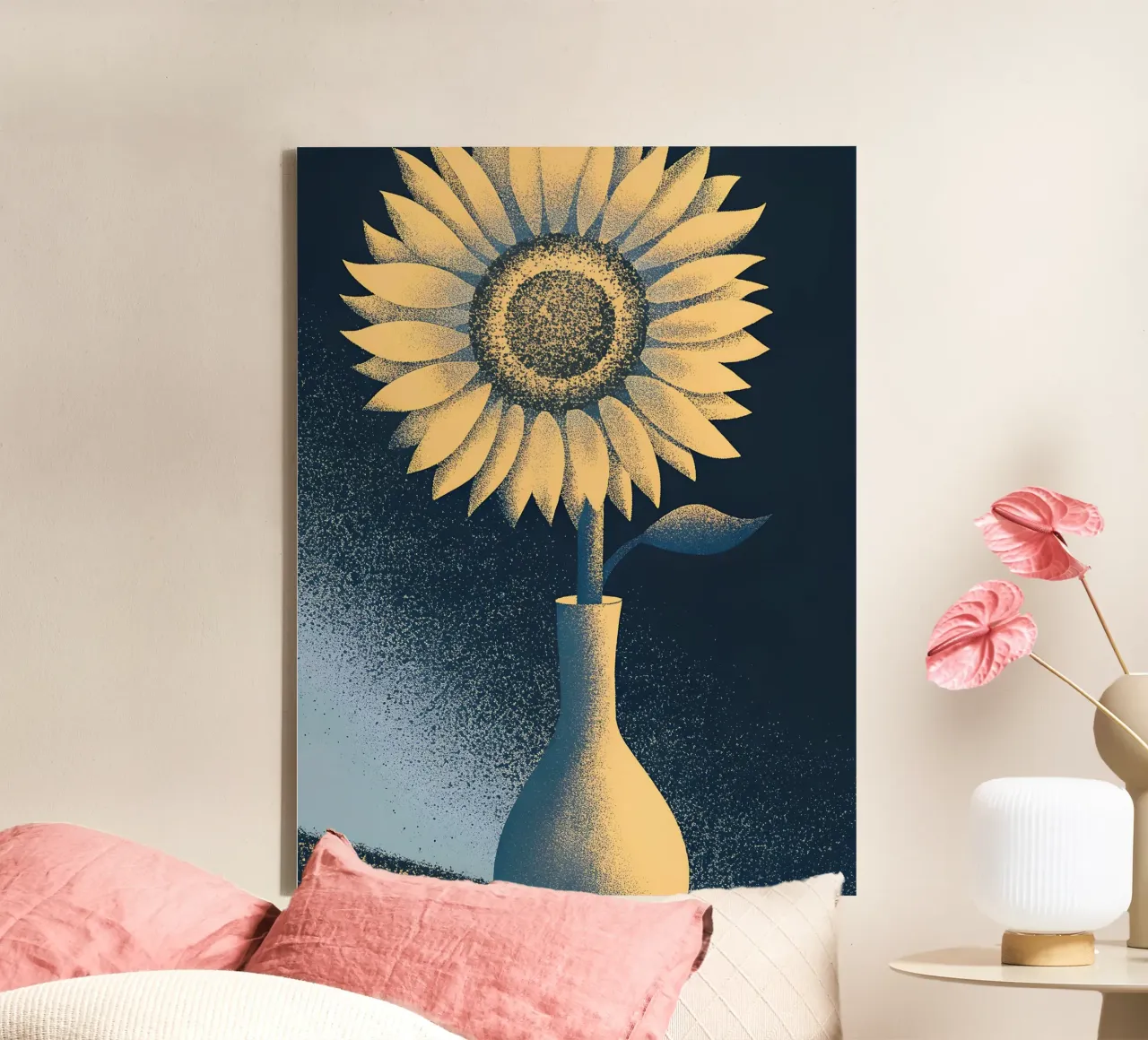 Sonnenblumen in einer Vase Leinwand mit Schattenfugenrahmen von SOUL SHOP