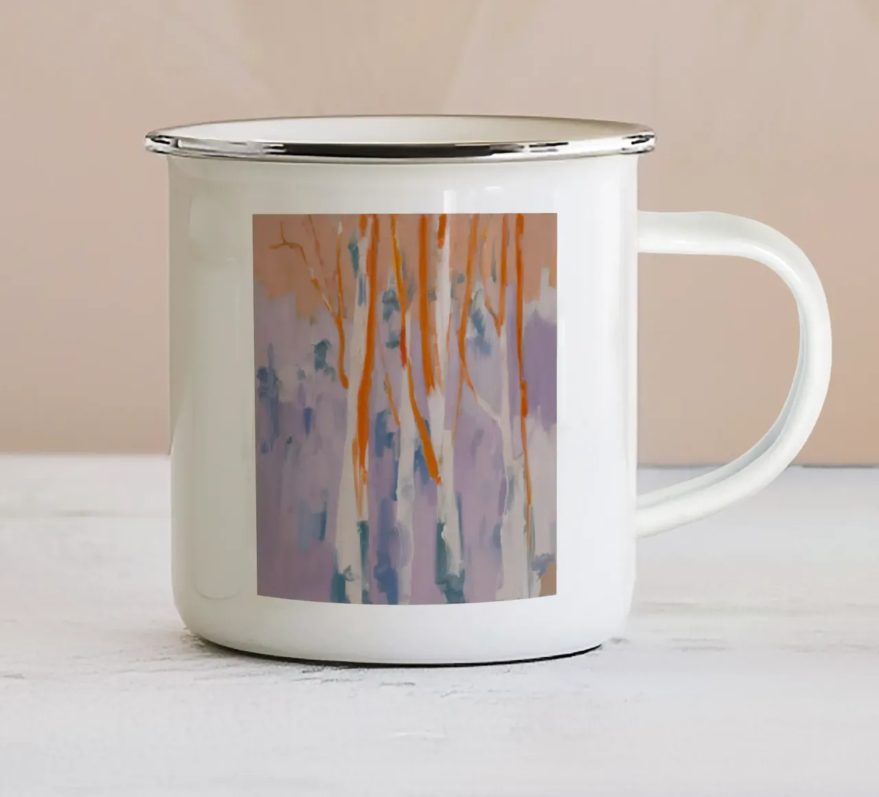Amber berken verlichting emaille mok van Radiance Landscape