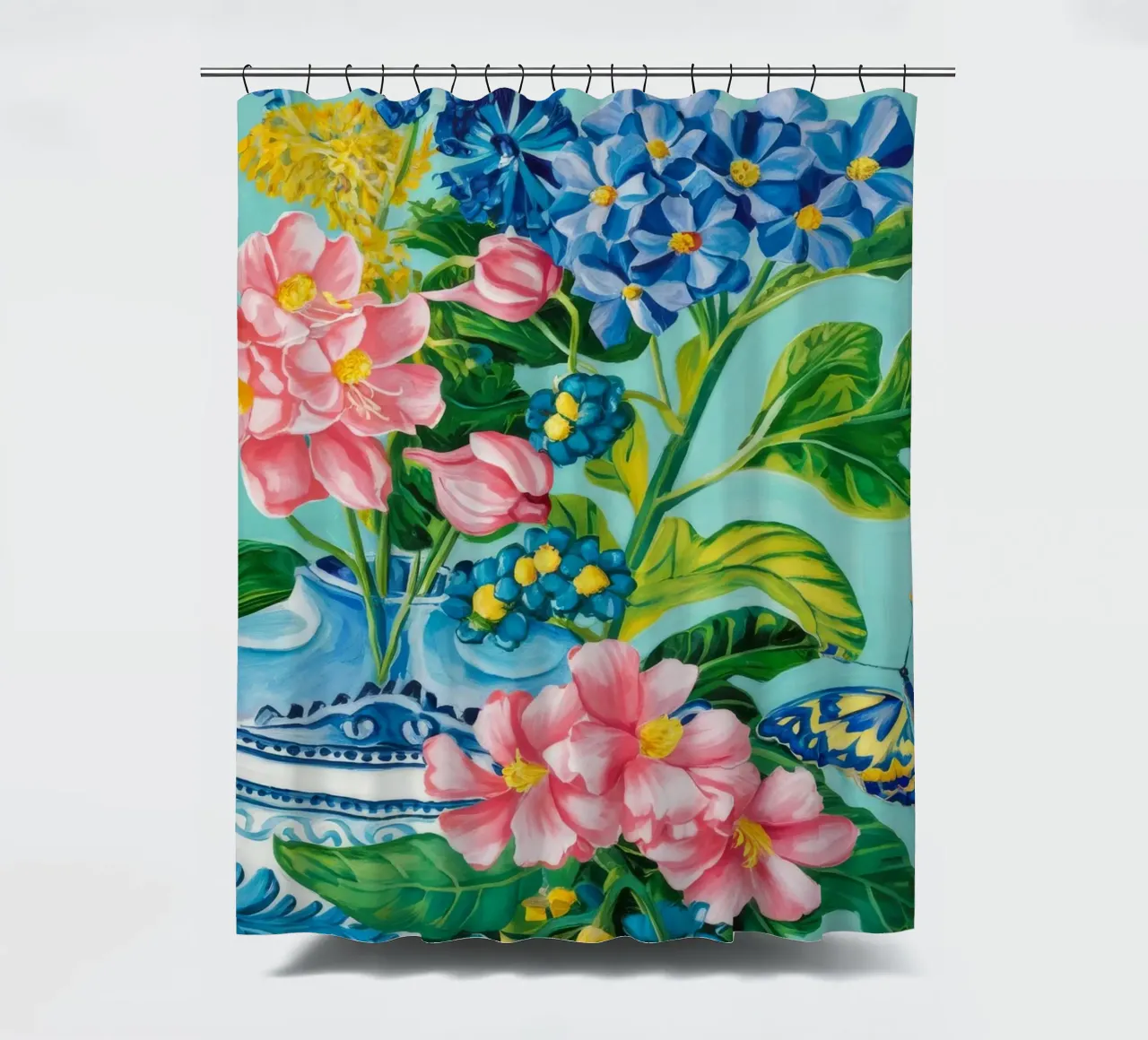 Azure Bloom Flutter shower curtain by Infinite Chroma