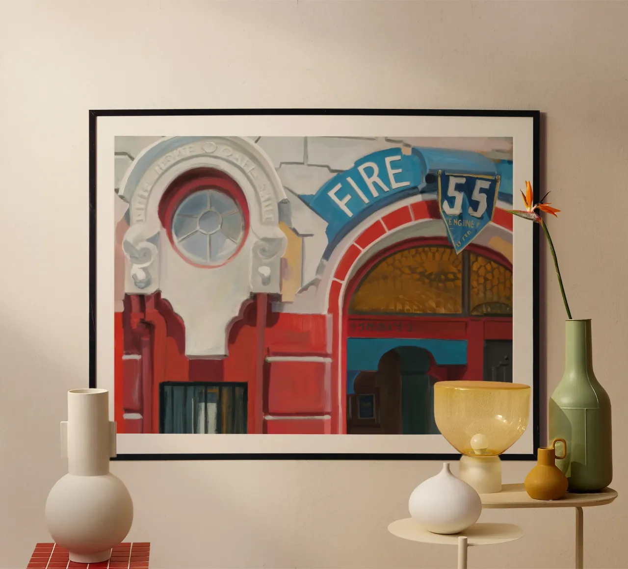 Stazione dei vigili del fuoco d'epoca poster con telaio in legno da Silk Palette
