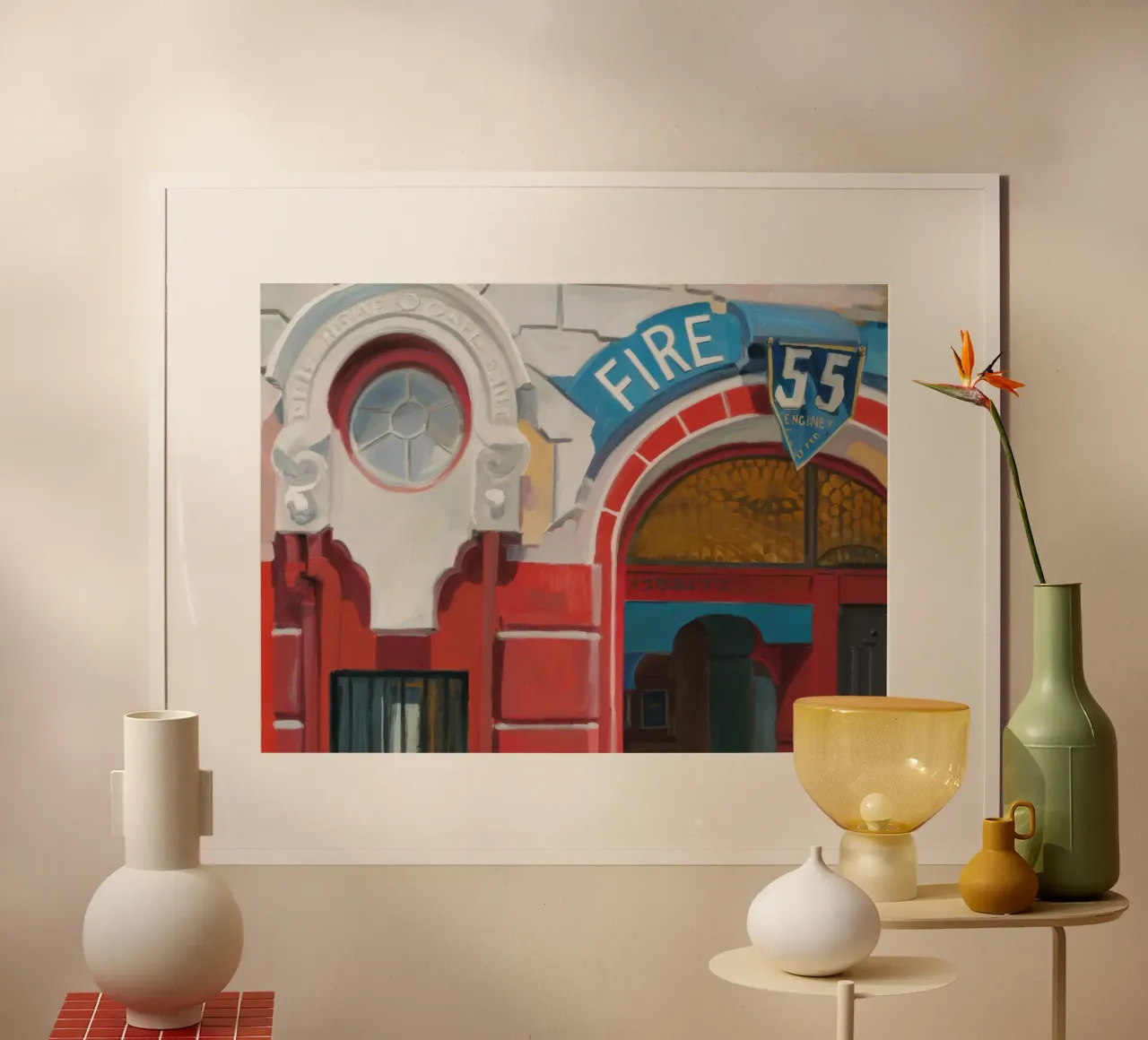 Stazione dei vigili del fuoco d'epoca poster con telaio in legno da Silk Palette