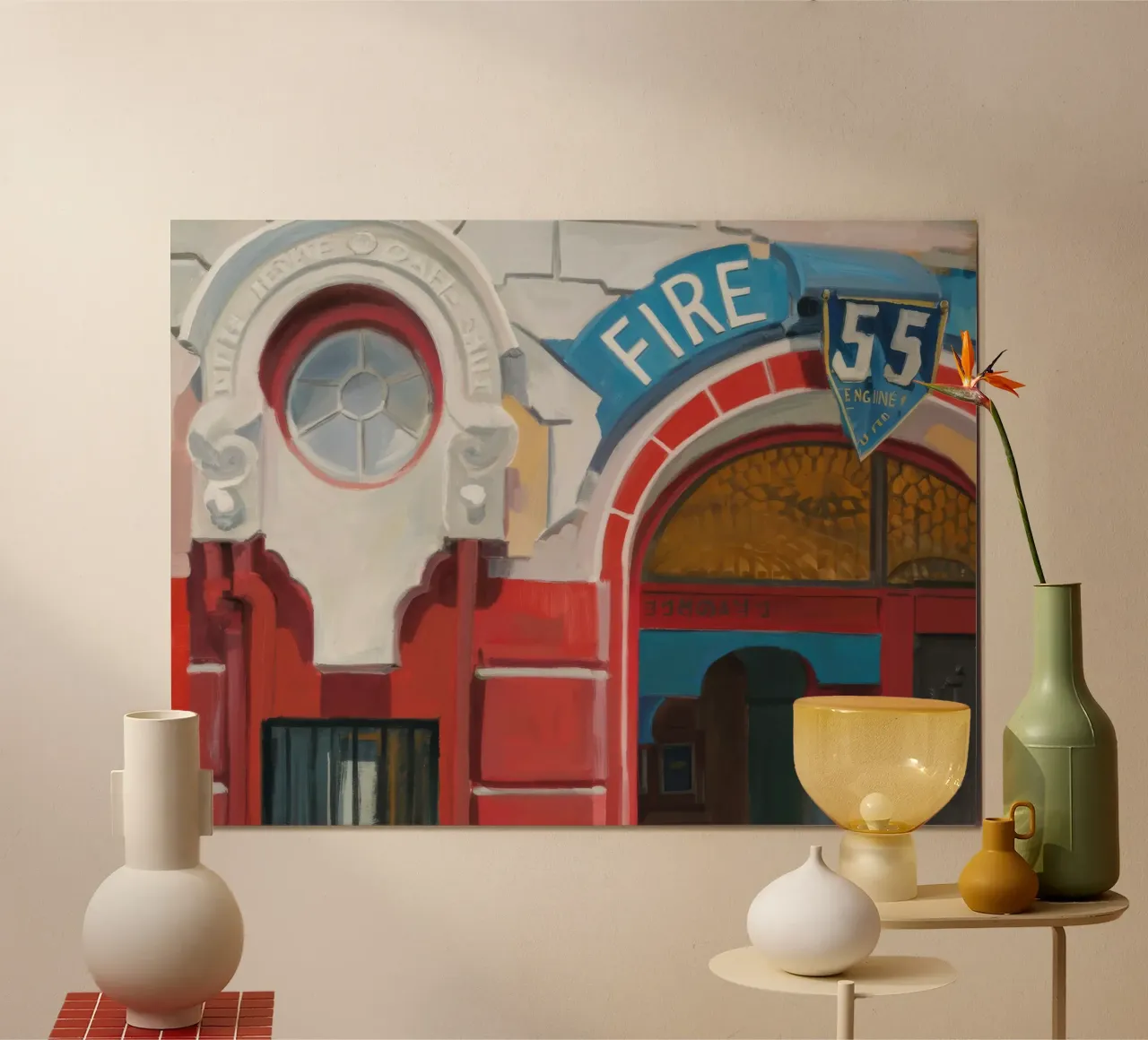 Stazione dei vigili del fuoco d'epoca poster con telaio in legno da Silk Palette