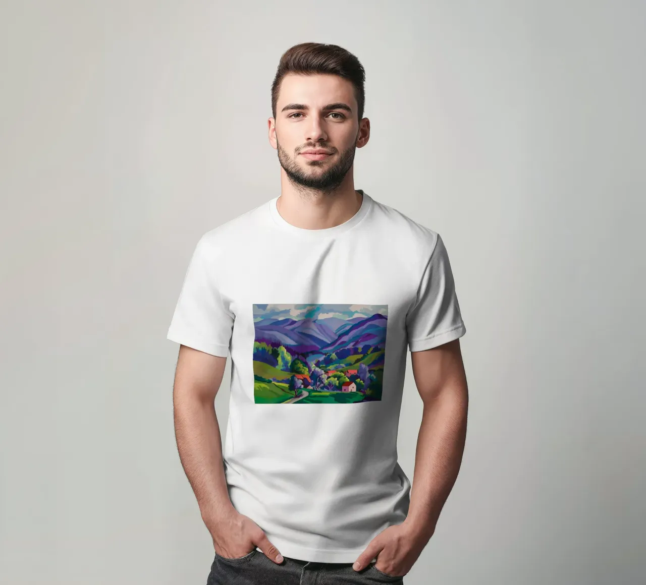 Dorp Hillside Patchwork t-shirt van Radiance Landscape