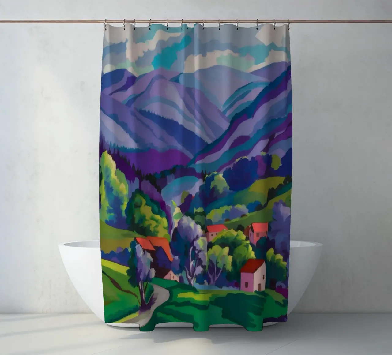 Village Hillside Patchwork shower curtain by Radiance Landscape