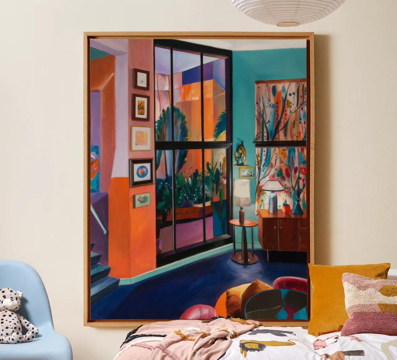 Karmozijnrood drempellicht canvas met Baklijst van Opal Strokes