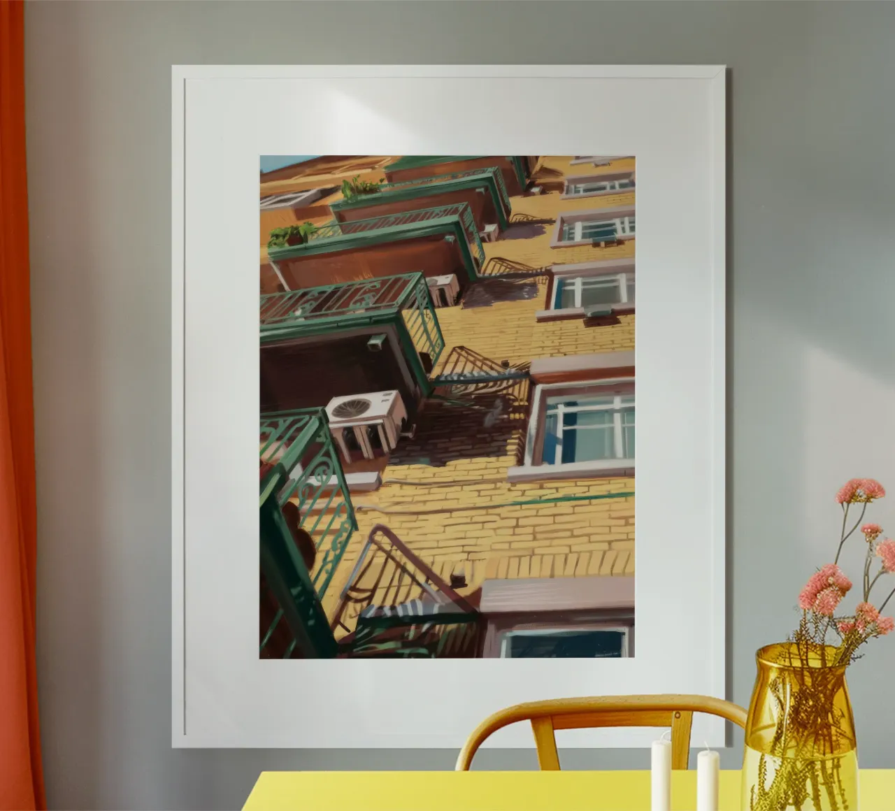 Brandtrappen in de stad poster met aluminium frame van Silk Palette