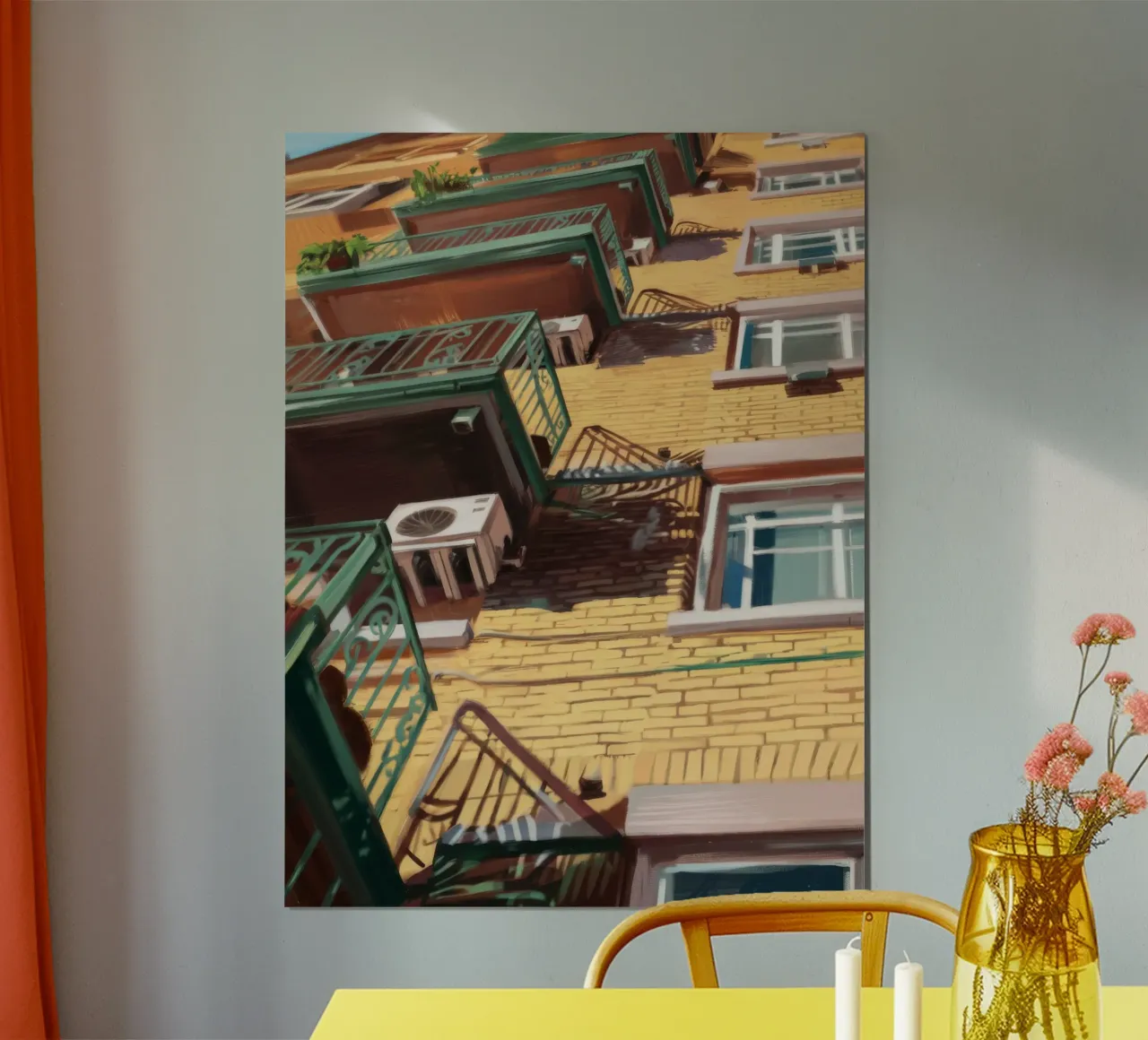 Brandtrappen in de stad poster met aluminium frame van Silk Palette