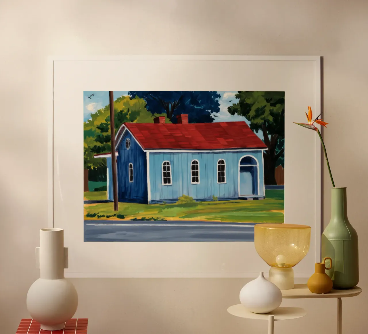 Casa del Tetto Rosso poster con telaio in legno da Silk Palette