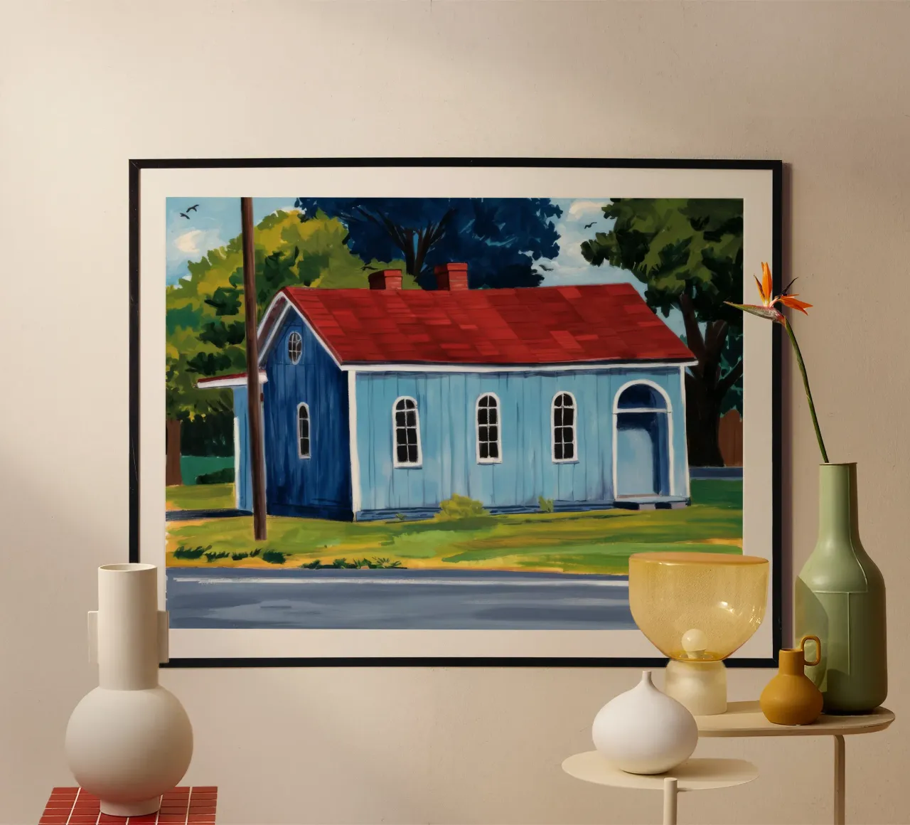 Casa del Tetto Rosso poster con telaio in legno da Silk Palette
