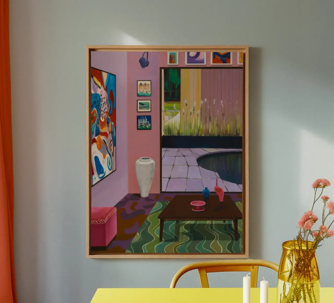 Koraalrood salon canvas met Baklijst van Opal Strokes