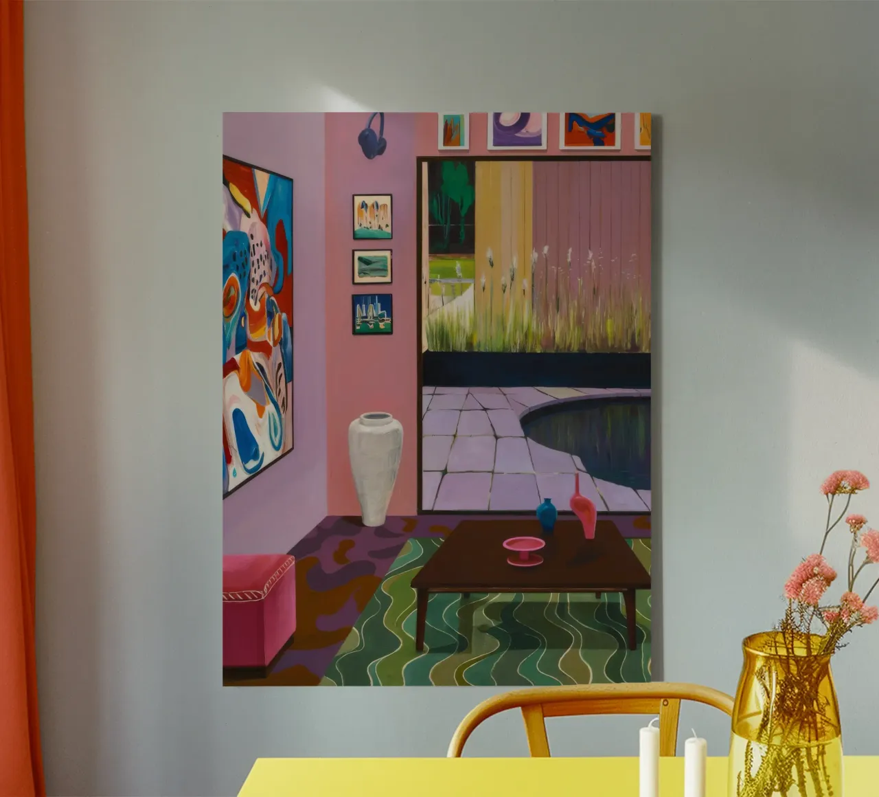 Koraalrood salon canvas met Baklijst van Opal Strokes