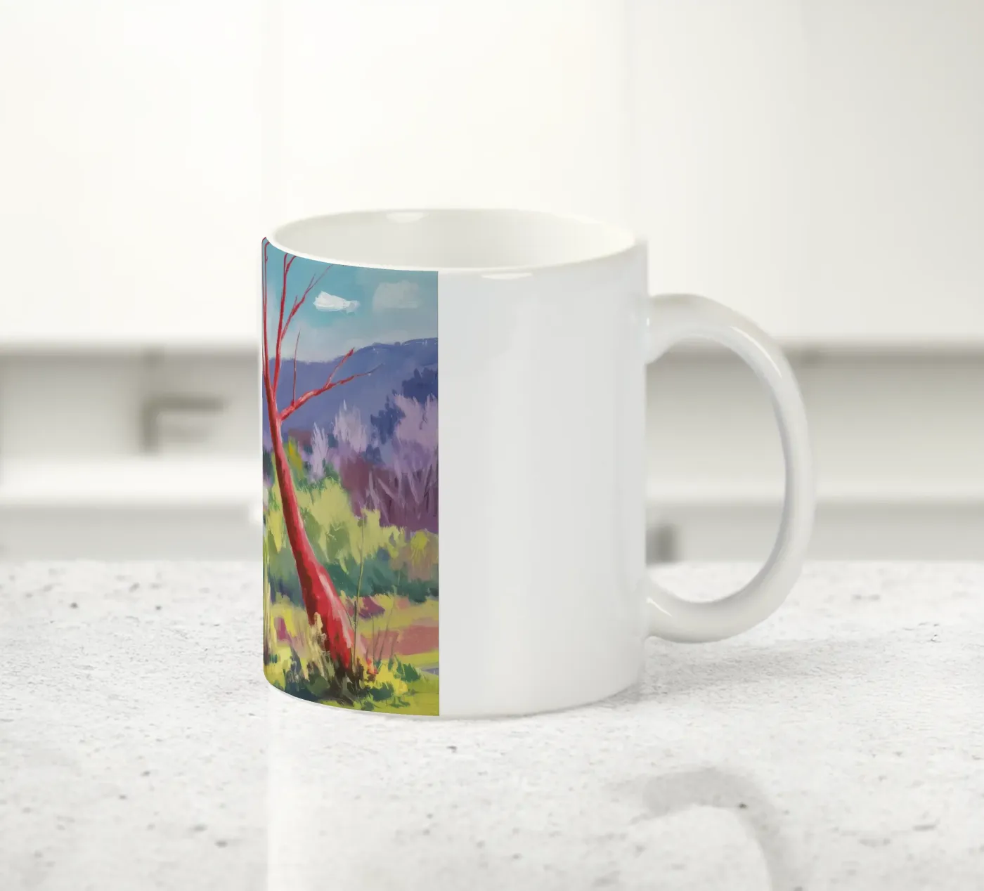 Crimson Tree Path ceramic mug by Celestial Harmony