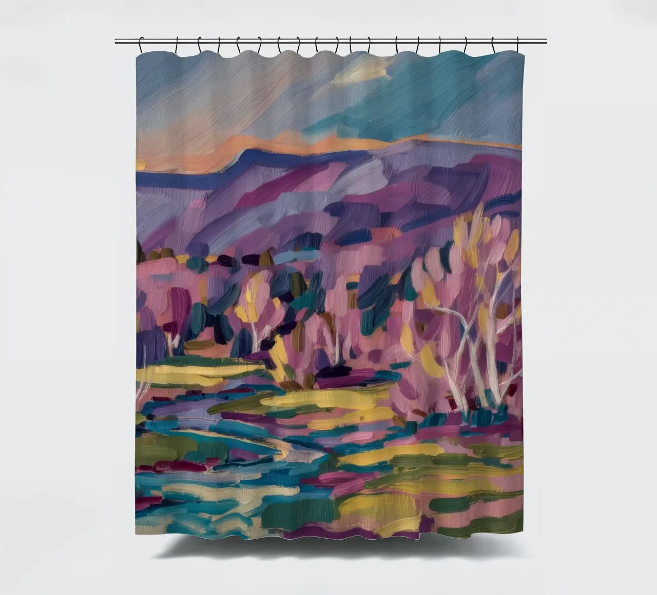 Meandro del fiume Twilight tenda da doccia da Radiance Landscape