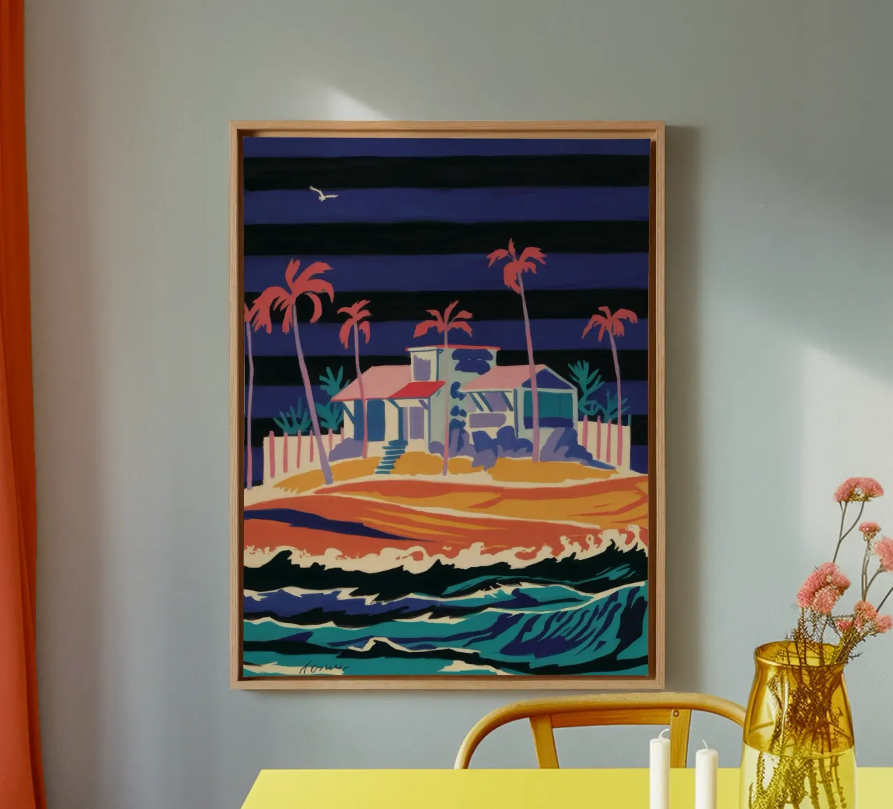 Psychedelic Beach Hut canvas with Floater frame by Silk Palette