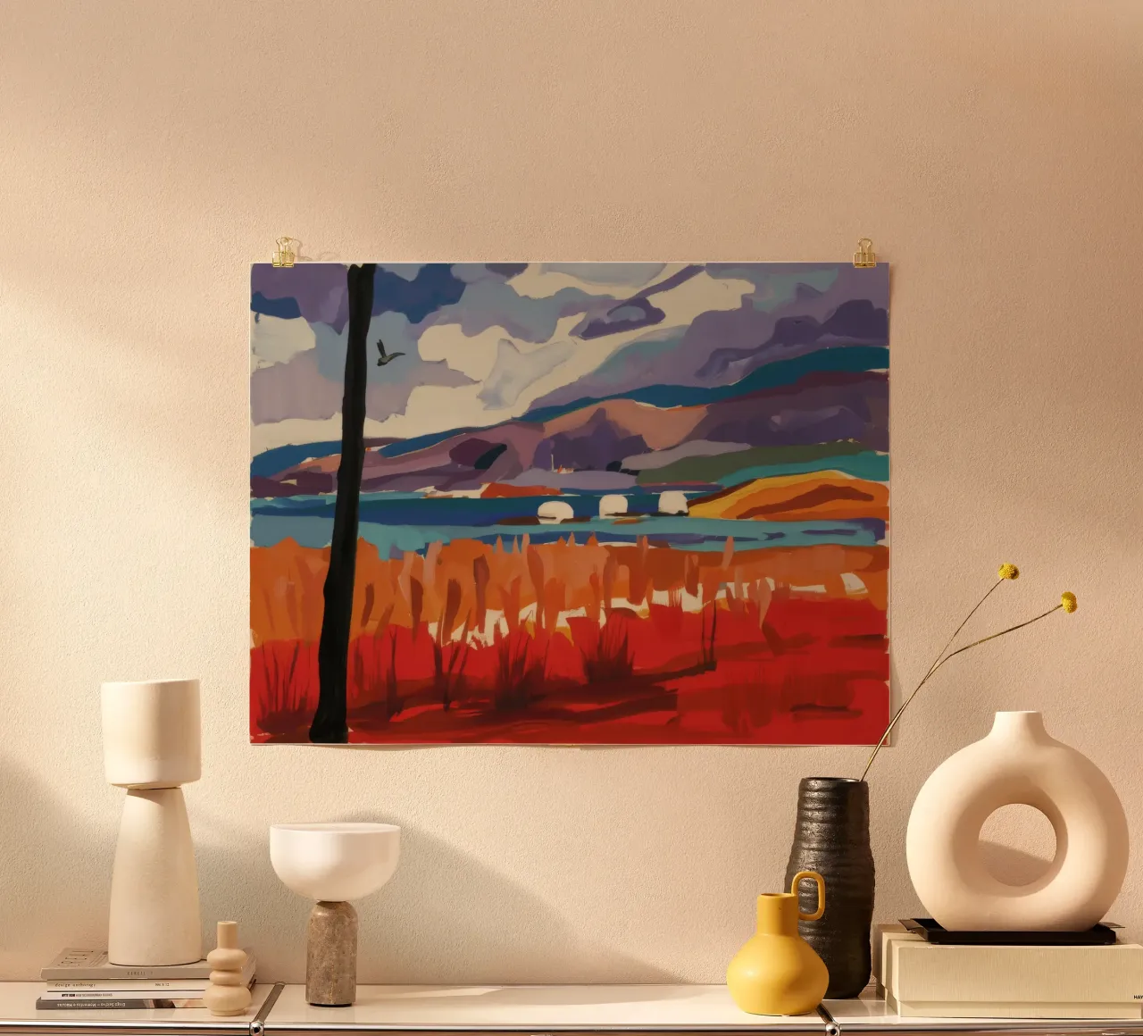 Paesaggio occidentale infuocato poster con telaio in legno da Silk Palette