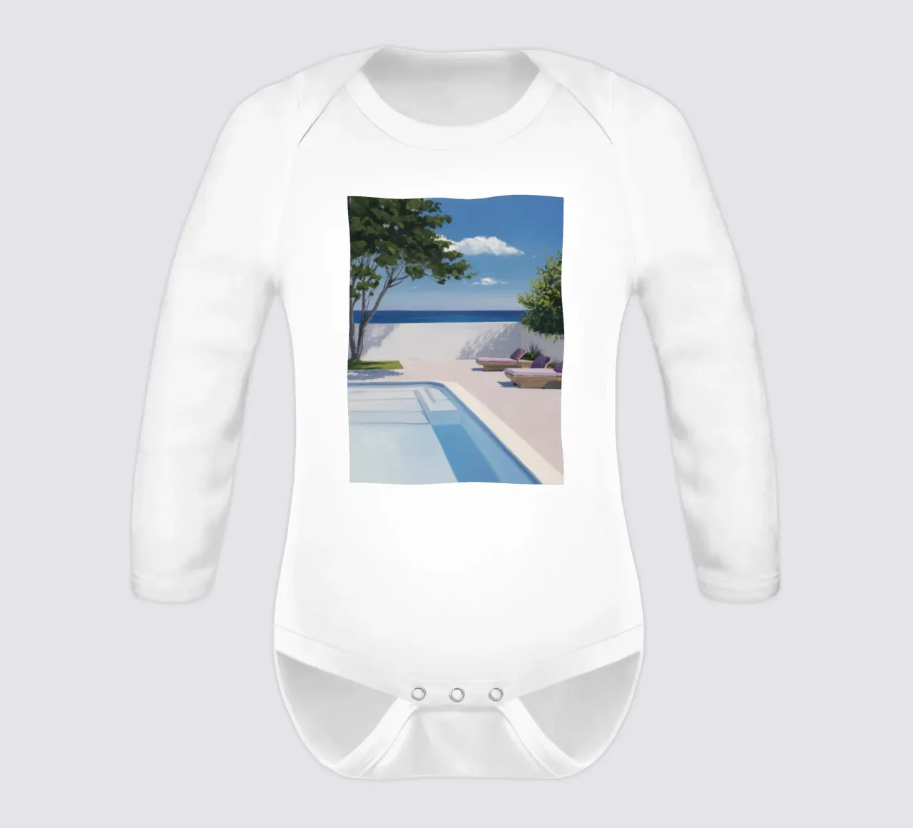 Azure Pool Horizon long-sleeve baby romper by Infinite Chroma