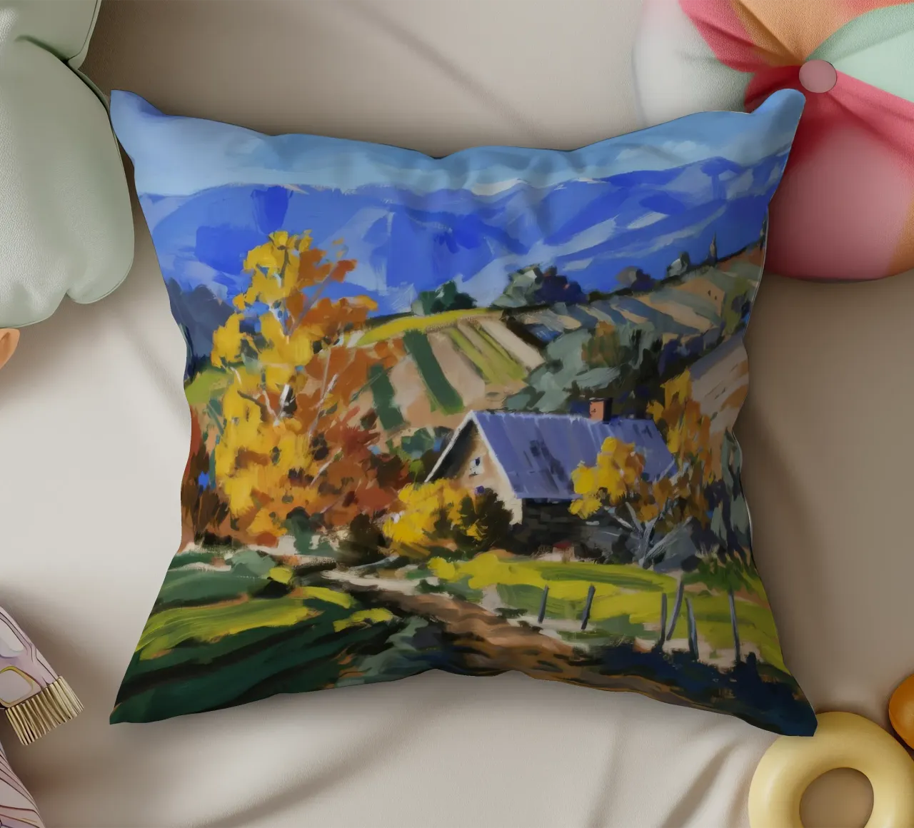 Patchwork d'autunno in collina cuscino da Celestial Harmony