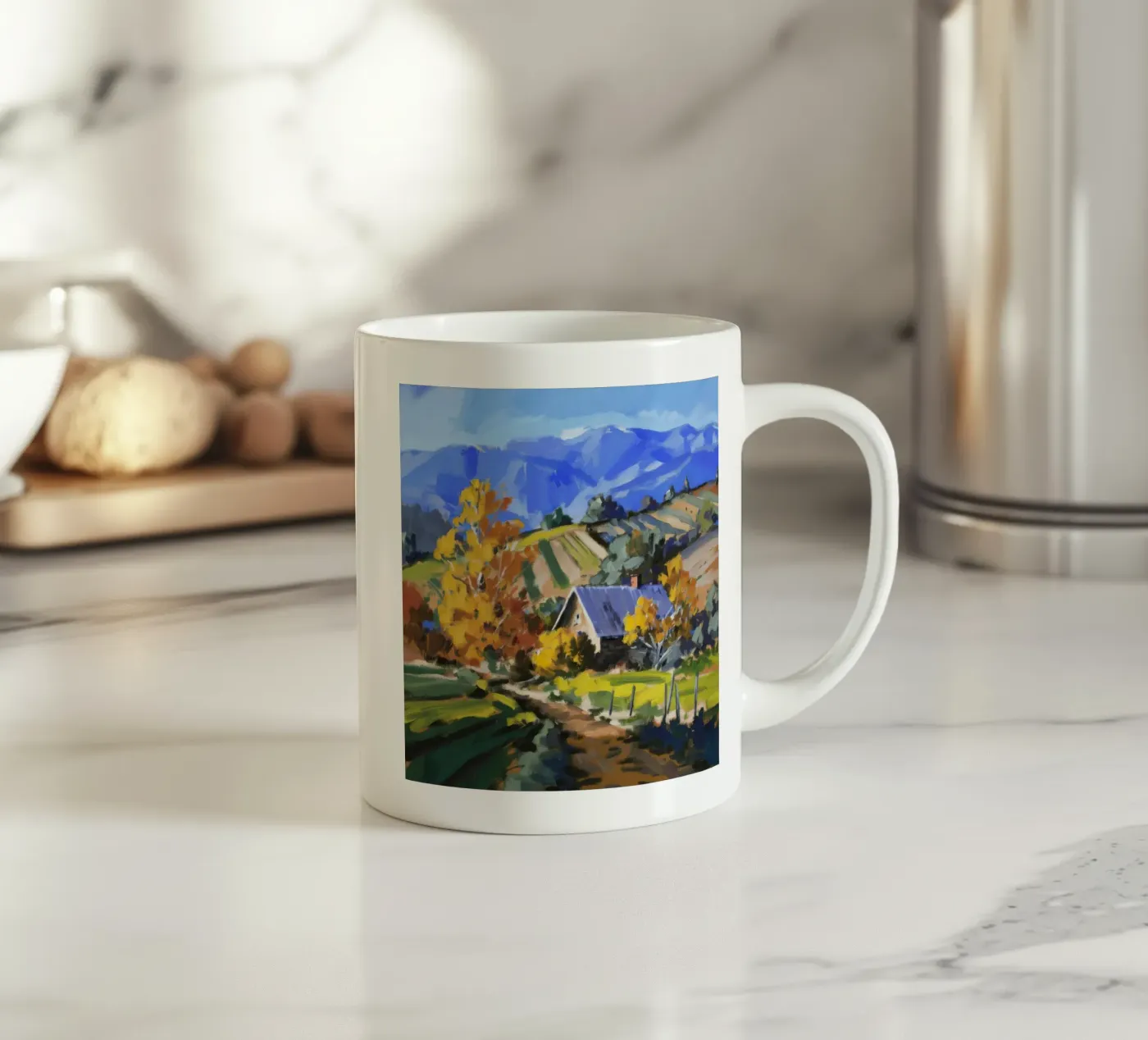 Hillside Autumn Patchwork ceramic mug by Celestial Harmony
