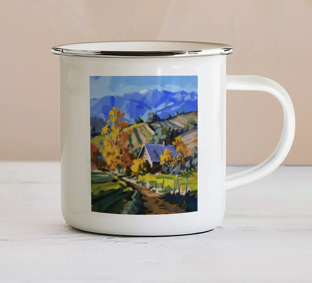Patchwork d'autunno in collina tazza in smalto da Celestial Harmony