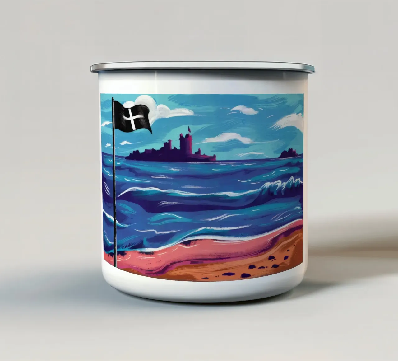 Bandiera nera sulla spiaggia tazza in smalto da Silk Palette