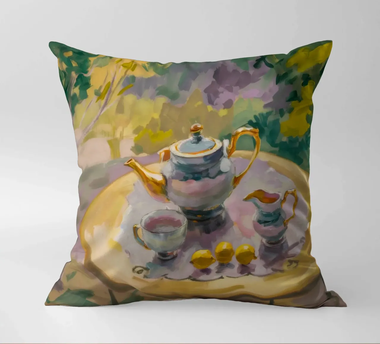 Gilded Tea Repast decorative cushion by Radiance Landscape