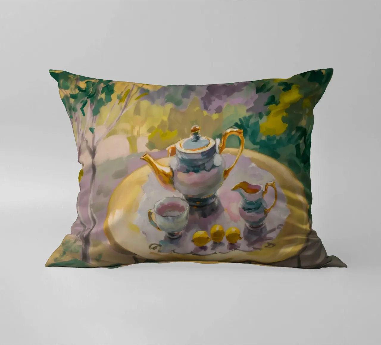Gilded Tea Repast decorative cushion by Radiance Landscape
