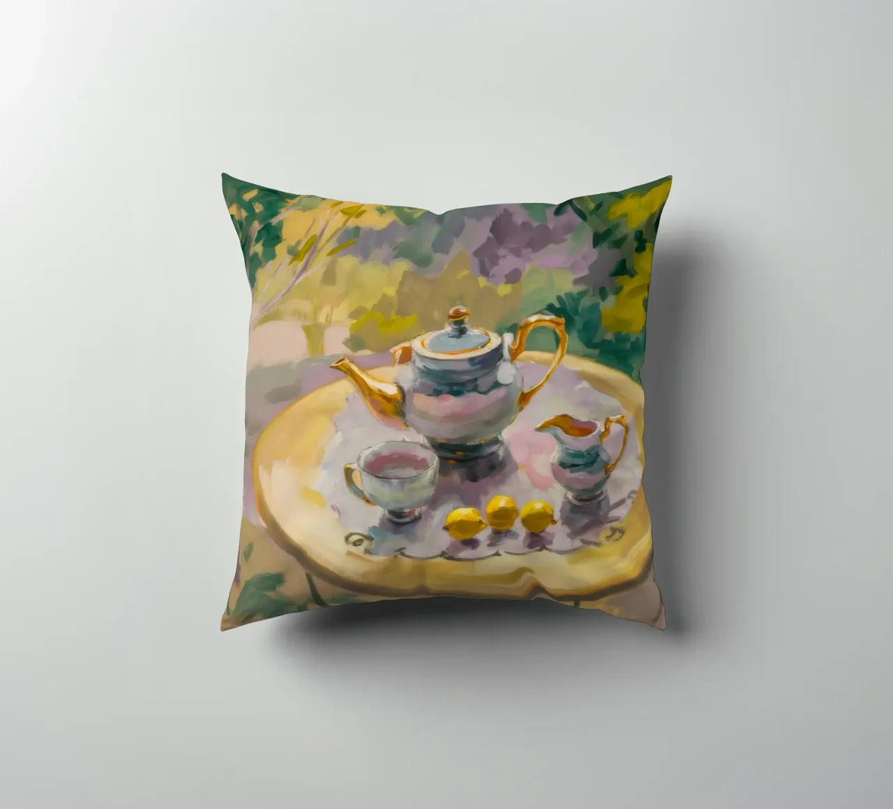 Gilded Tea Repast decorative cushion by Radiance Landscape