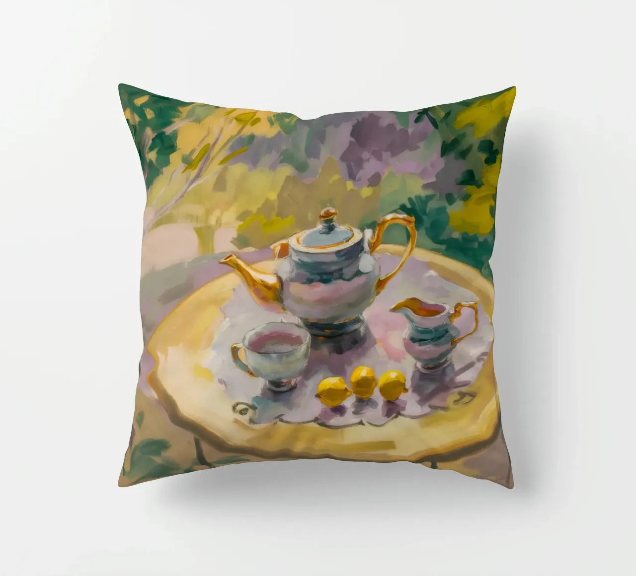 Gilded Tea Repast decorative cushion by Radiance Landscape