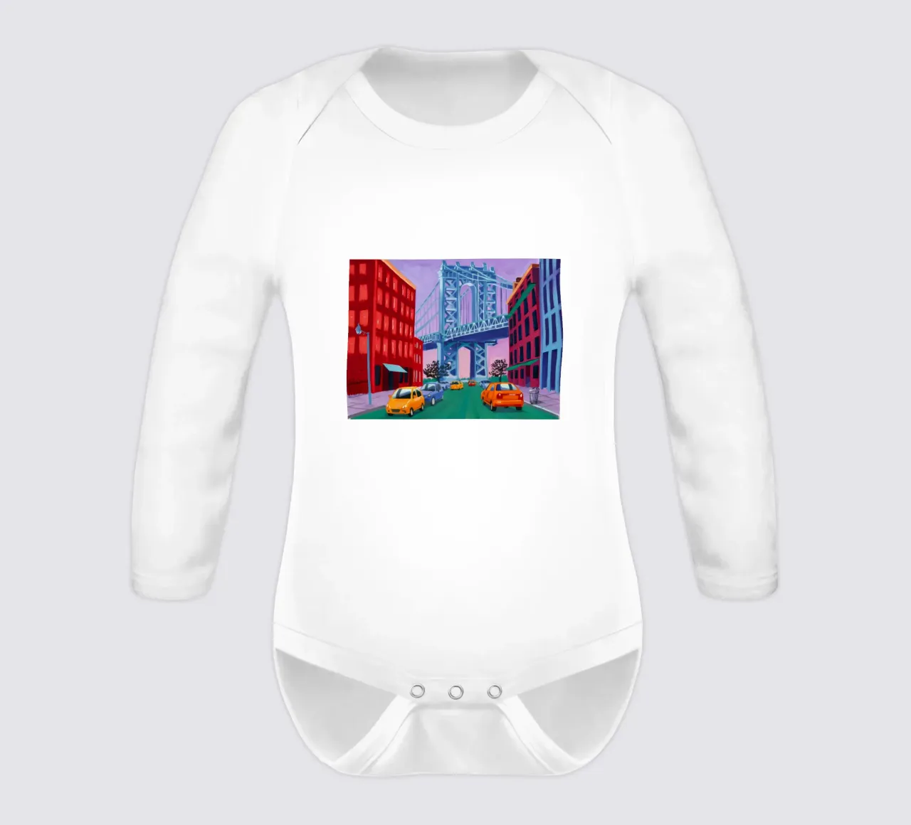 Manhattan Bridge View long-sleeve baby romper by Silk Palette