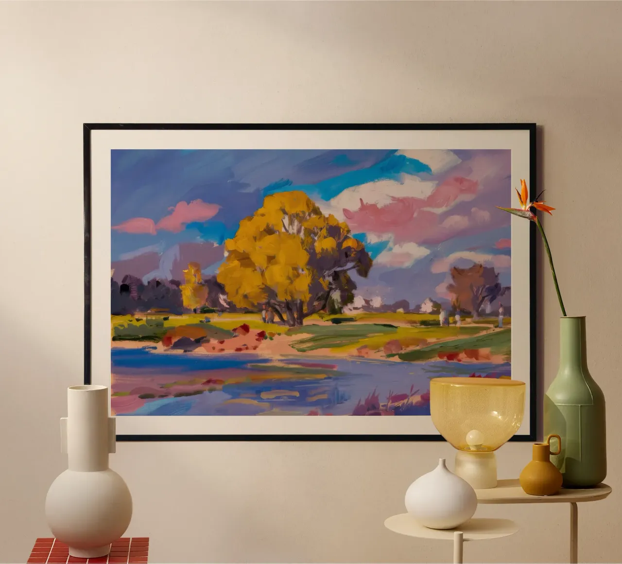 Il bagliore dorato del fiume poster con telaio in alluminio da Celestial Harmony
