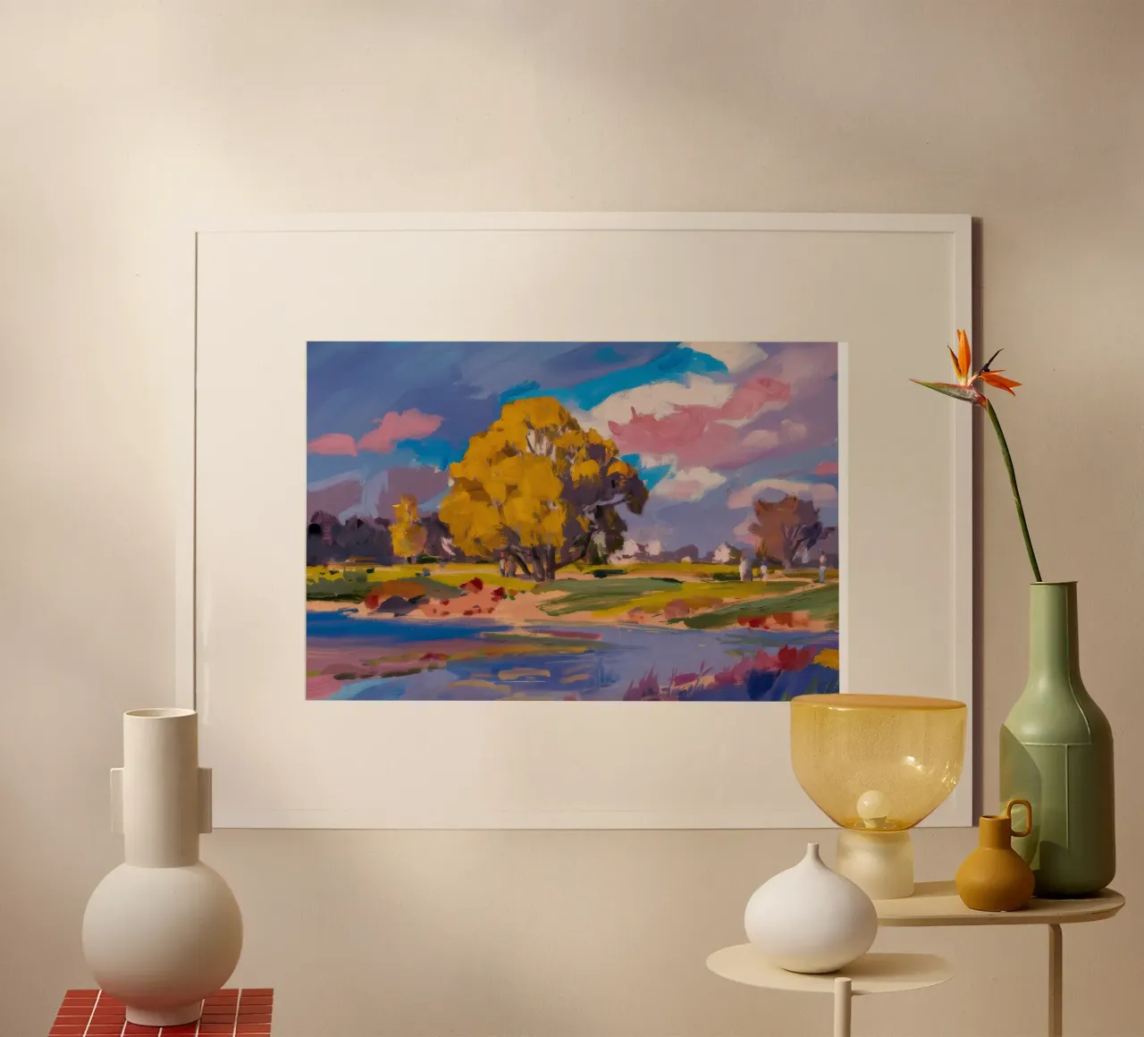 Il bagliore dorato del fiume poster con telaio in alluminio da Celestial Harmony