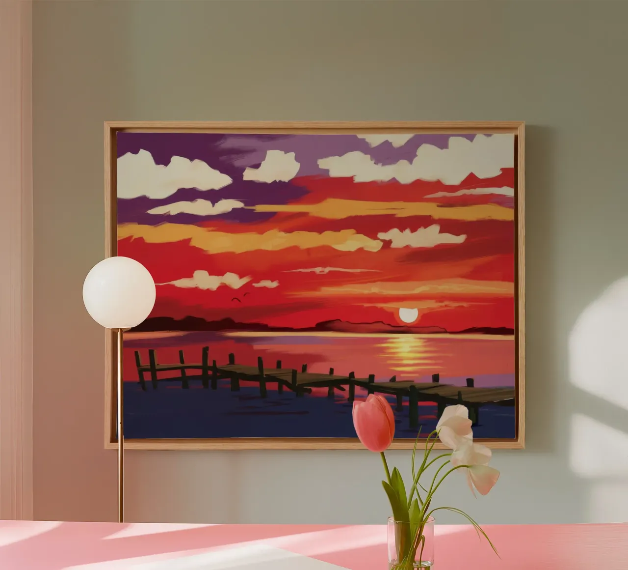 Karmijnrode Zonsondergang Dok canvas met Baklijst van Silk Palette