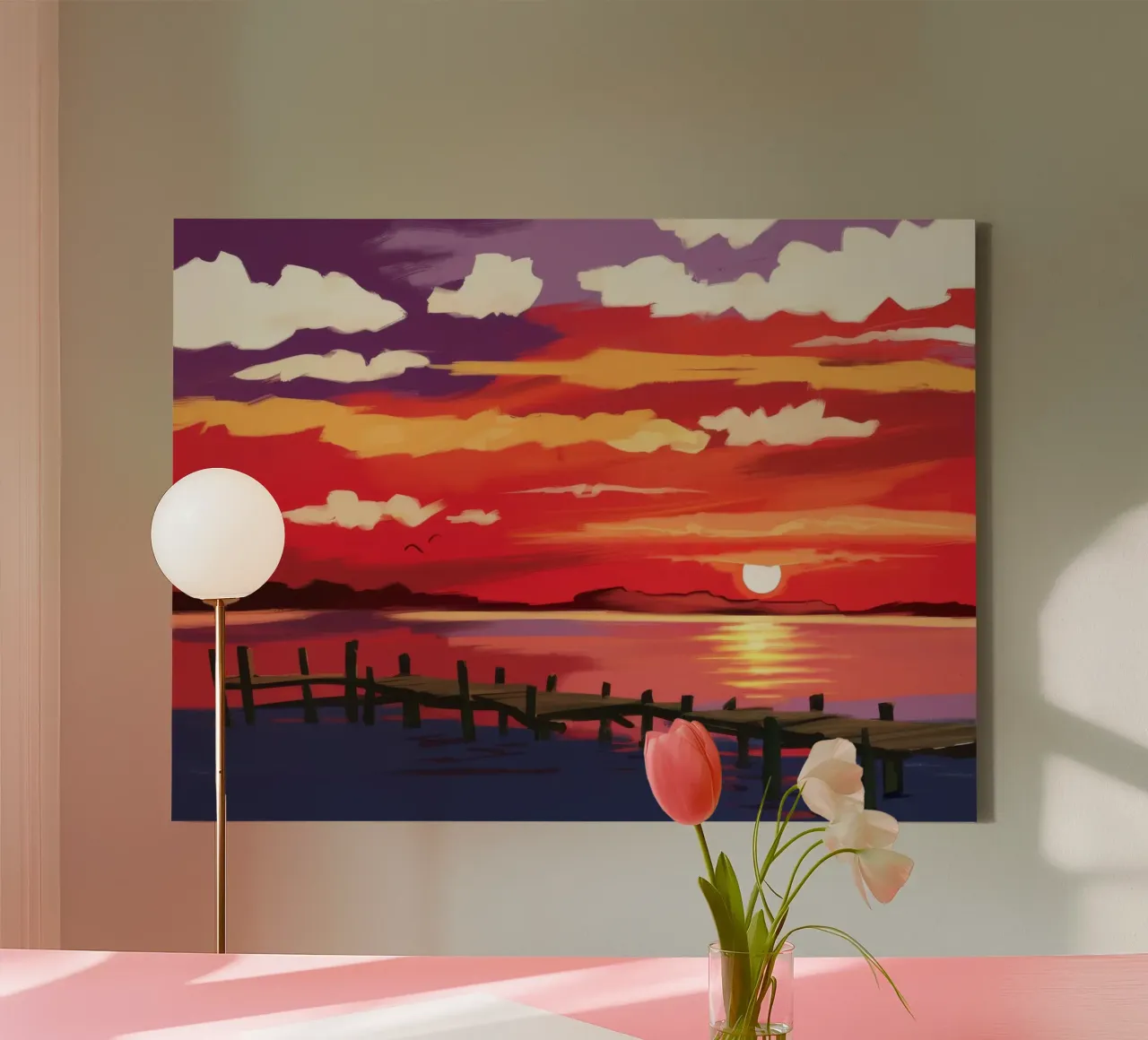 Karmijnrode Zonsondergang Dok canvas met Baklijst van Silk Palette
