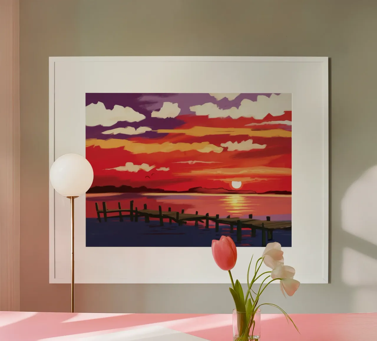 Darsena del tramonto cremisi poster con telaio in plastica da Silk Palette