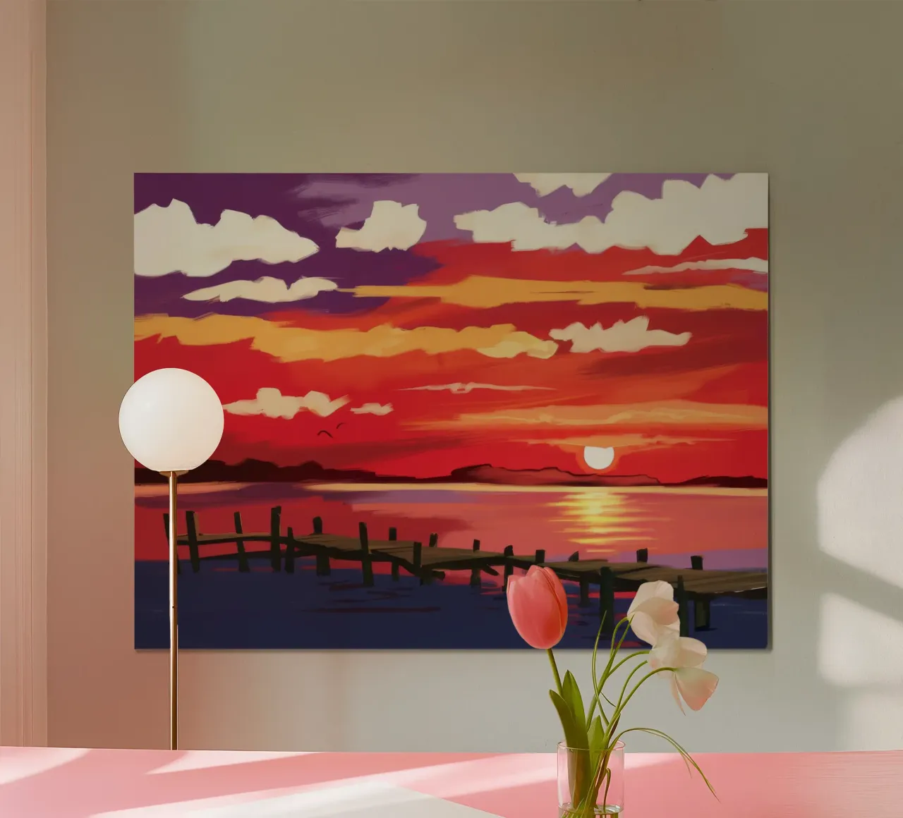 Darsena del tramonto cremisi poster con telaio in plastica da Silk Palette