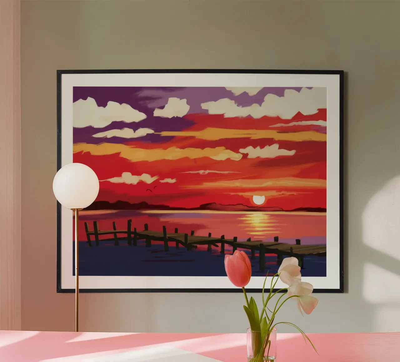 Darsena del tramonto cremisi poster con telaio in plastica da Silk Palette