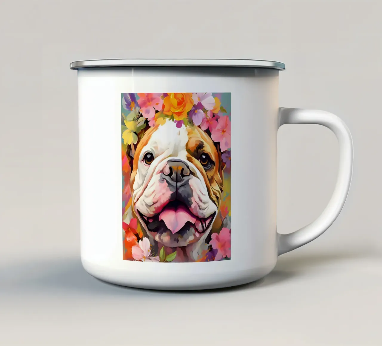 Bulldog in un mare di fiori tazza in smalto da WILD ART