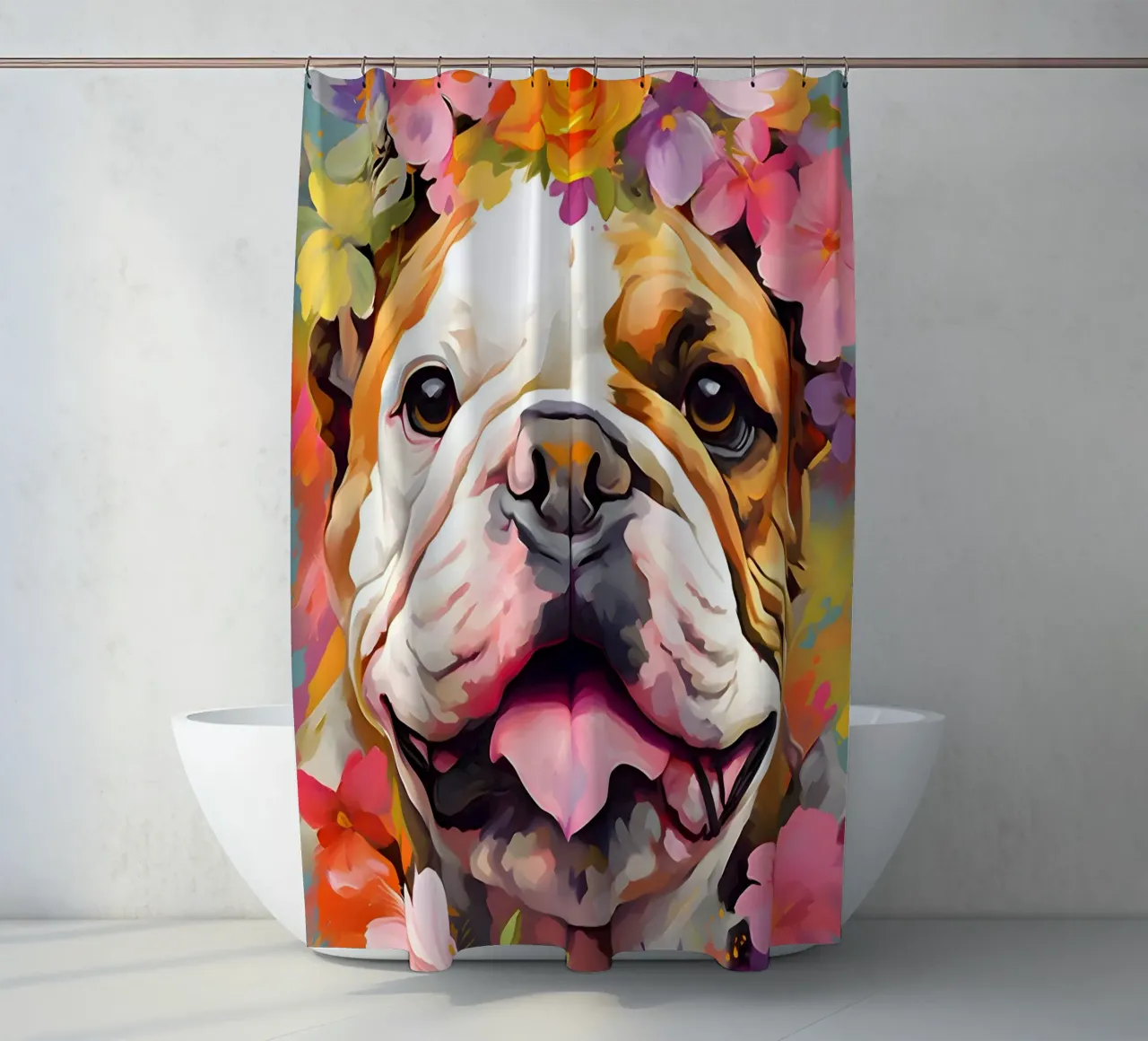 Bulldog in un mare di fiori tenda da doccia da WILD ART