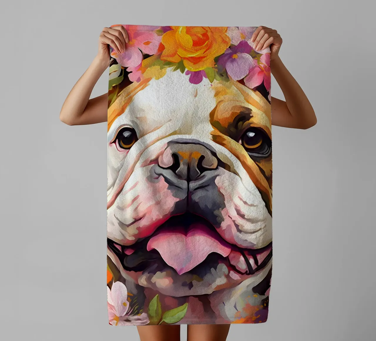 Bulldog in un mare di fiori asciugamano da bagno da WILD ART