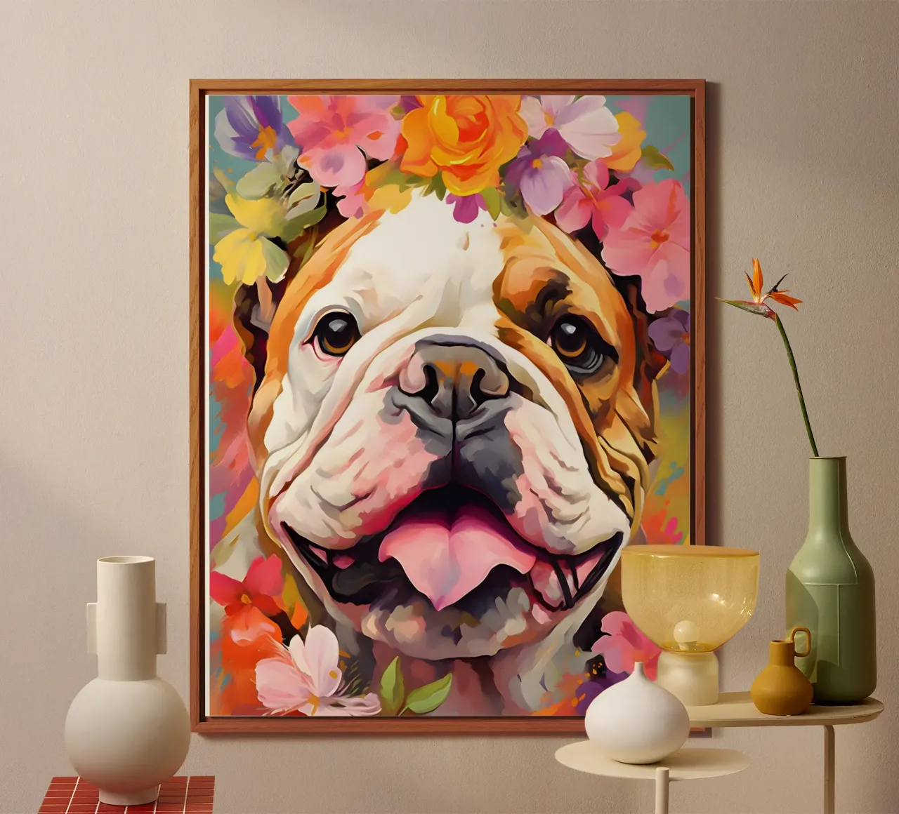 Bulldog in un mare di fiori pannello forex da WILD ART