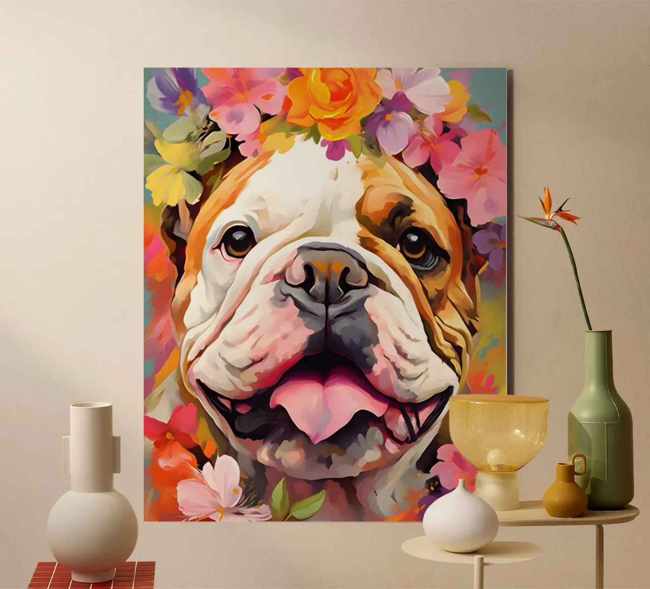 Bulldog in un mare di fiori pannello forex da WILD ART