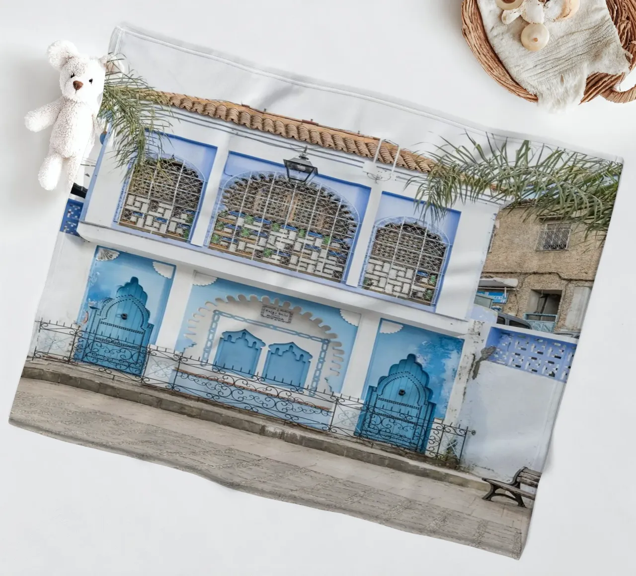 Square in blue city Chefchaouen fleece blanket by photolovers