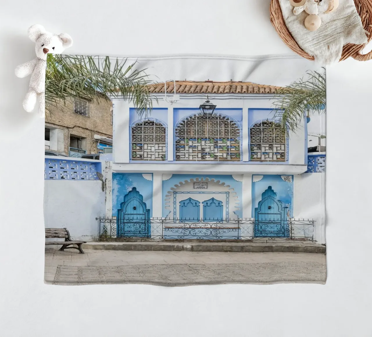 Square in blue city Chefchaouen fleece blanket by photolovers